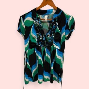 Y2k green blue ruffle collar tie back babydoll flowy top heart soul stretchy